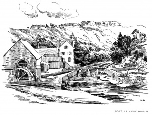 Croquis du vieux moulin d'Odet d'après une photographie (cf ci-dessous)