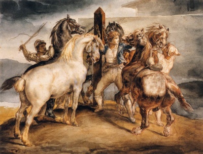 Géricault, "Marché aux chevaux : cinq chevaux au piquet", Louvre